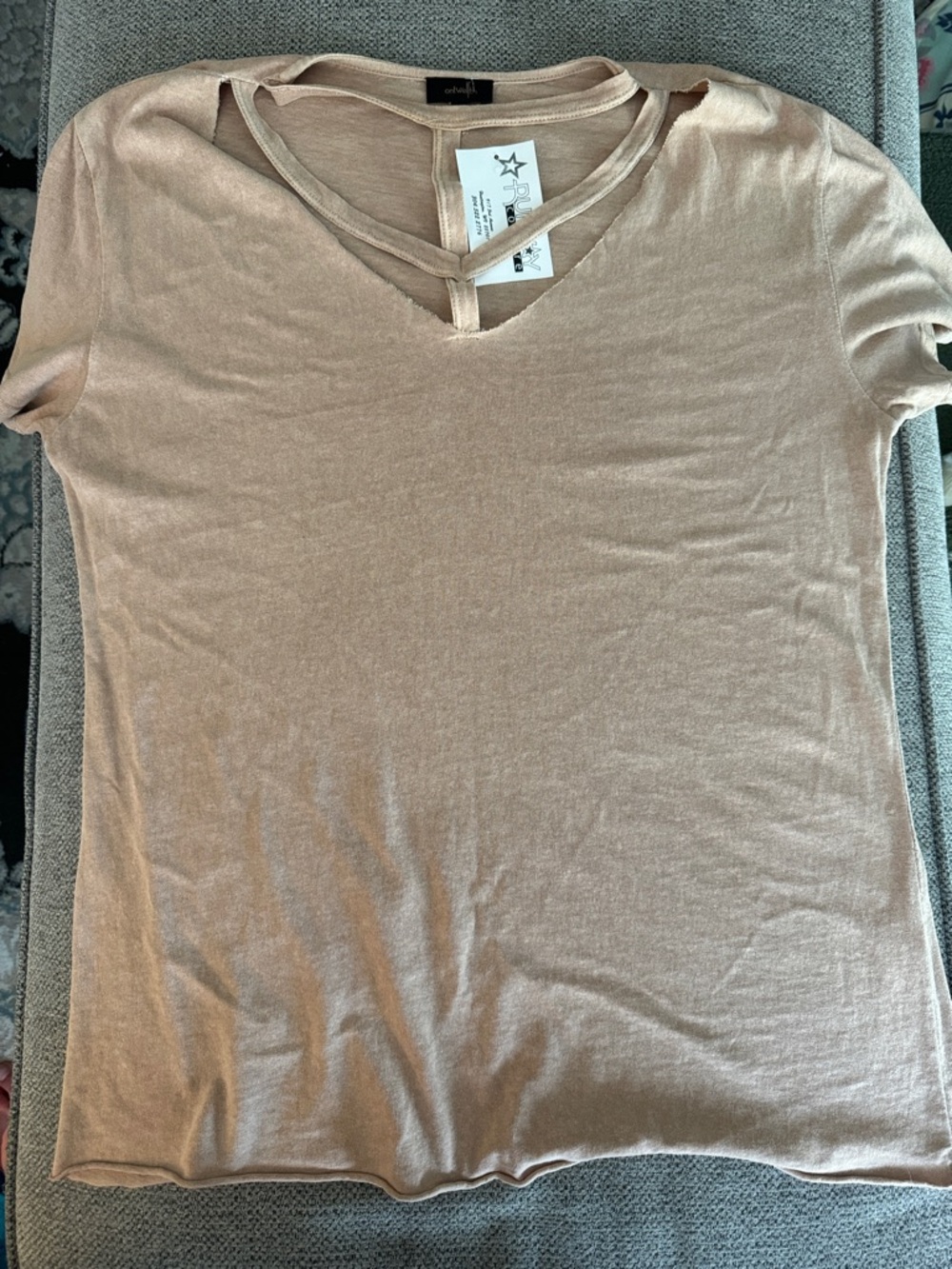 Only Hearts Beige Short Sleeve V-Neck Tee with Front Strap